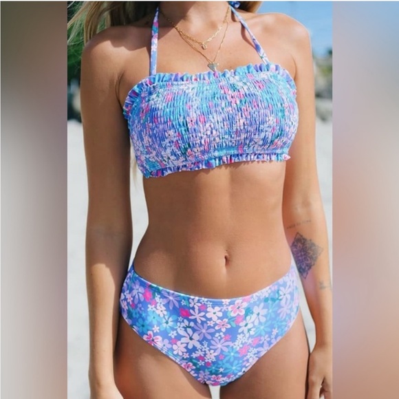 Cupshe Other - NEW Cupshe Floral Smocked Bandeau Bikini Set Size Medium
